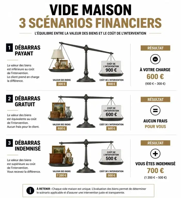 Infographie des trois scénarios financiers pour un vide maison gratuit ou indemnisé