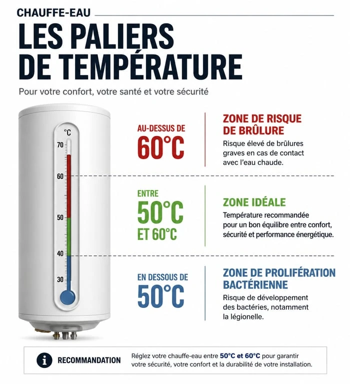 Infographie des températures idéales pour un chauffe-eau : réglage optimal entre 50°C et 60°C pour la sécurité et les économies.