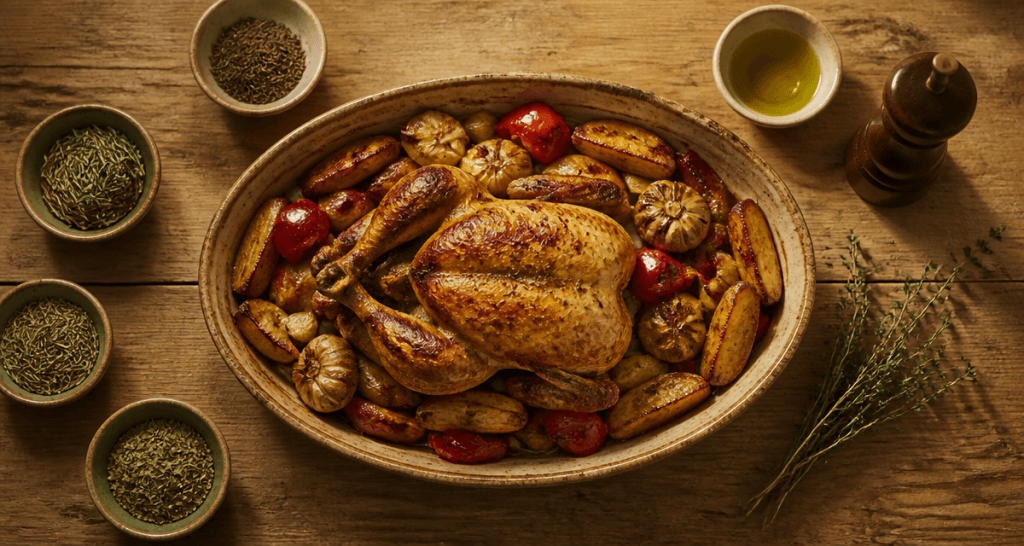 Herbes de Provence sur table rustique avec poulet rôti
