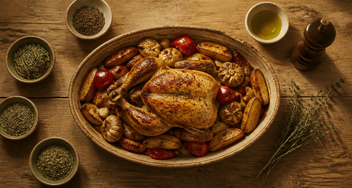 Herbes de Provence sur table rustique avec poulet rôti