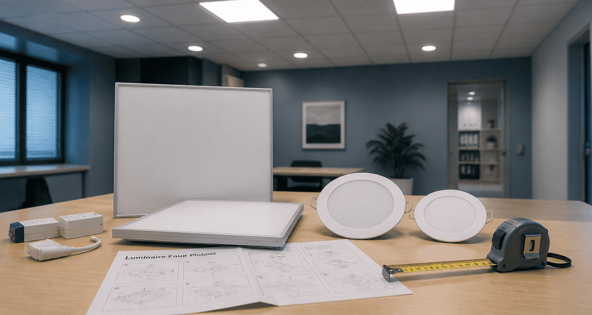 luminaire faux plafond LED et spots encastrés
