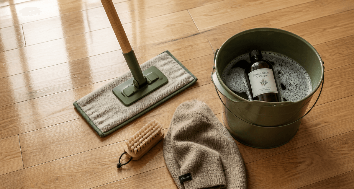 nettoyer parquet vitrifié savon noir seau balai