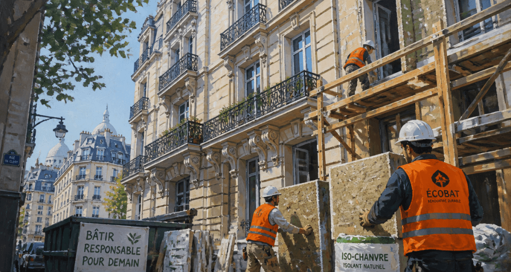 Réhabilitation de bâtiments anciens Paris, ouvriers isolant un immeuble haussmannien
