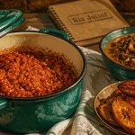 Photo de mets africains en cuisson lente : riz jollof, mafé, plantain