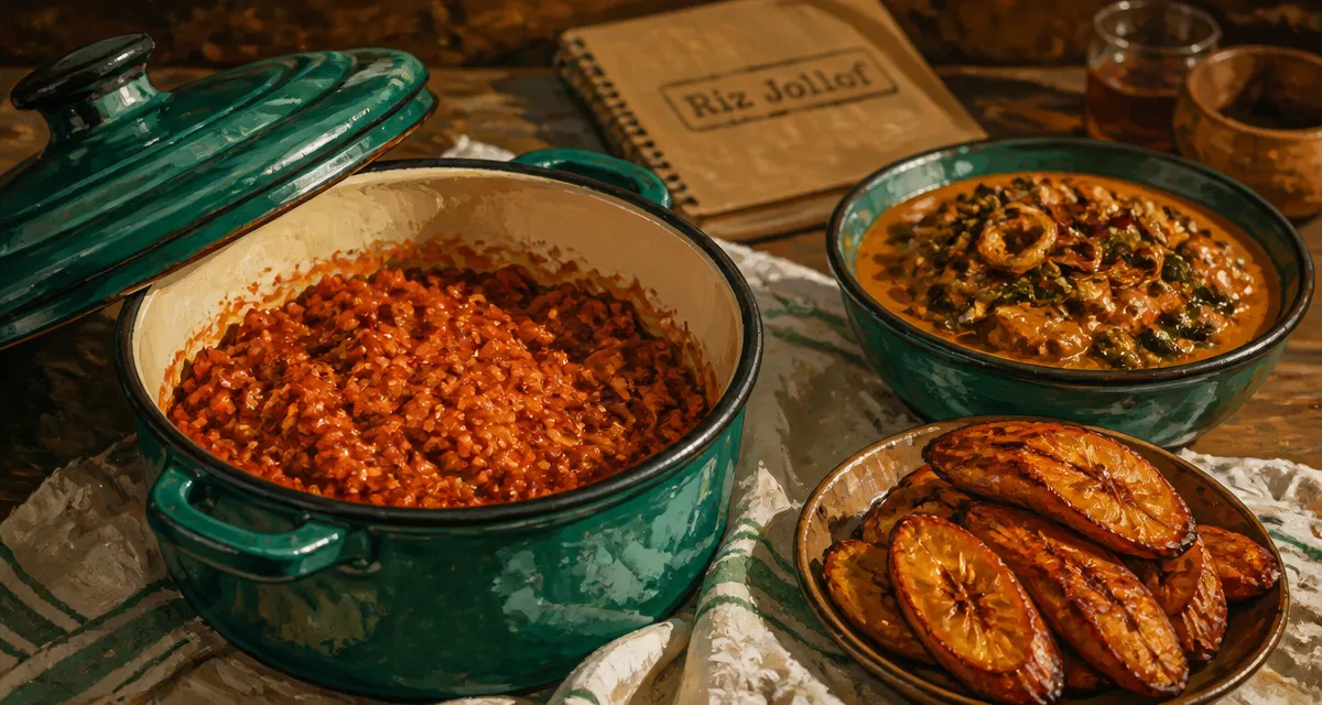 Photo de mets africains en cuisson lente : riz jollof, mafé, plantain