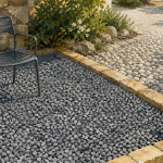Gravier 8/16 sur terrasse : vue extérieure, bordure et mobilier sans enfoncement
