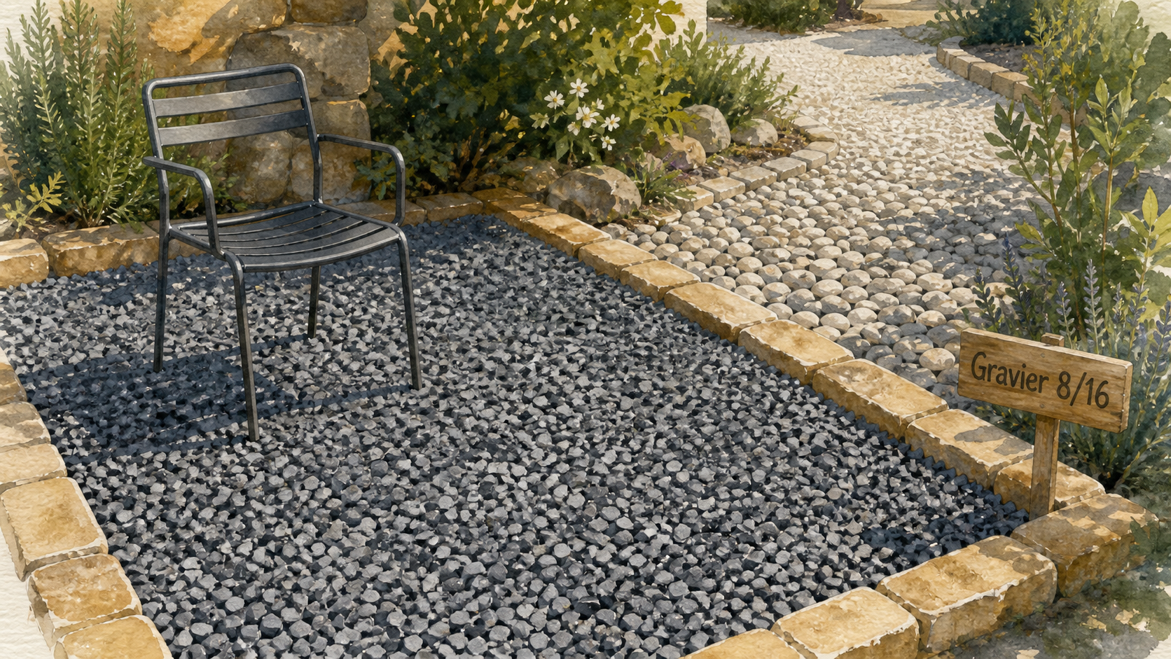 Gravier 8/16 sur terrasse : vue extérieure, bordure et mobilier sans enfoncement
