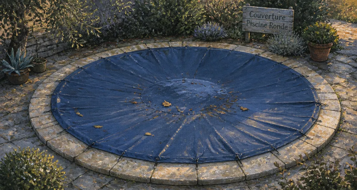 couverture piscine ronde bâche bleue margelles pierre