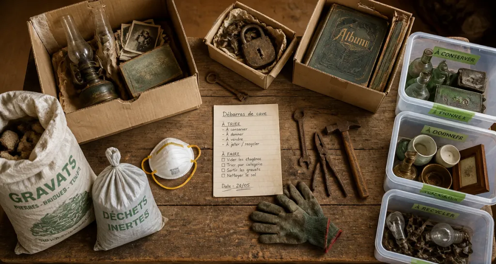 Débarras cave cartons objets outils sacs