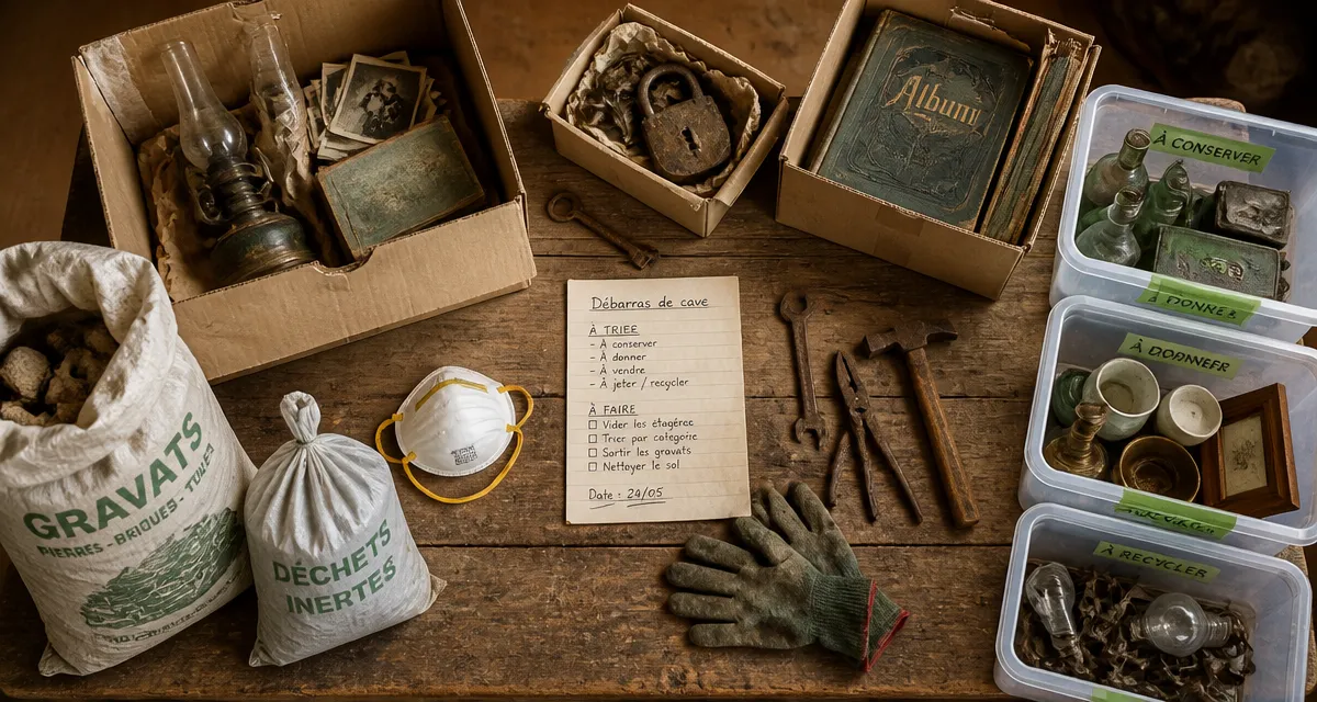 Débarras cave cartons objets outils sacs