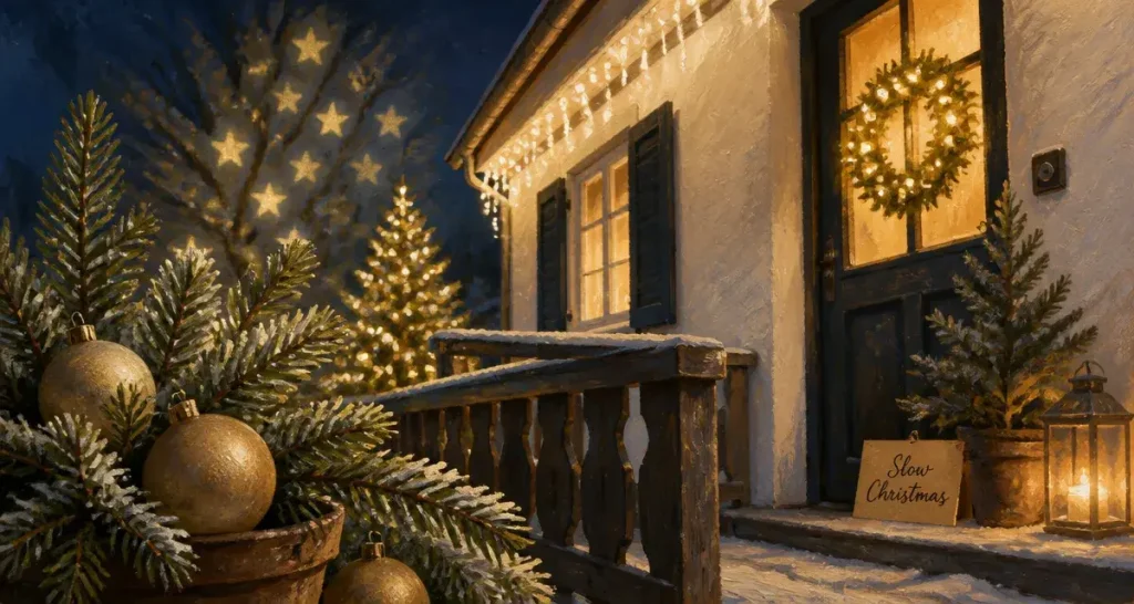 Decoration noel exterieur : guirlandes et couronne LED sur maison au crepuscule, jardin securise