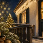 Decoration noel exterieur : guirlandes et couronne LED sur maison au crepuscule, jardin securise