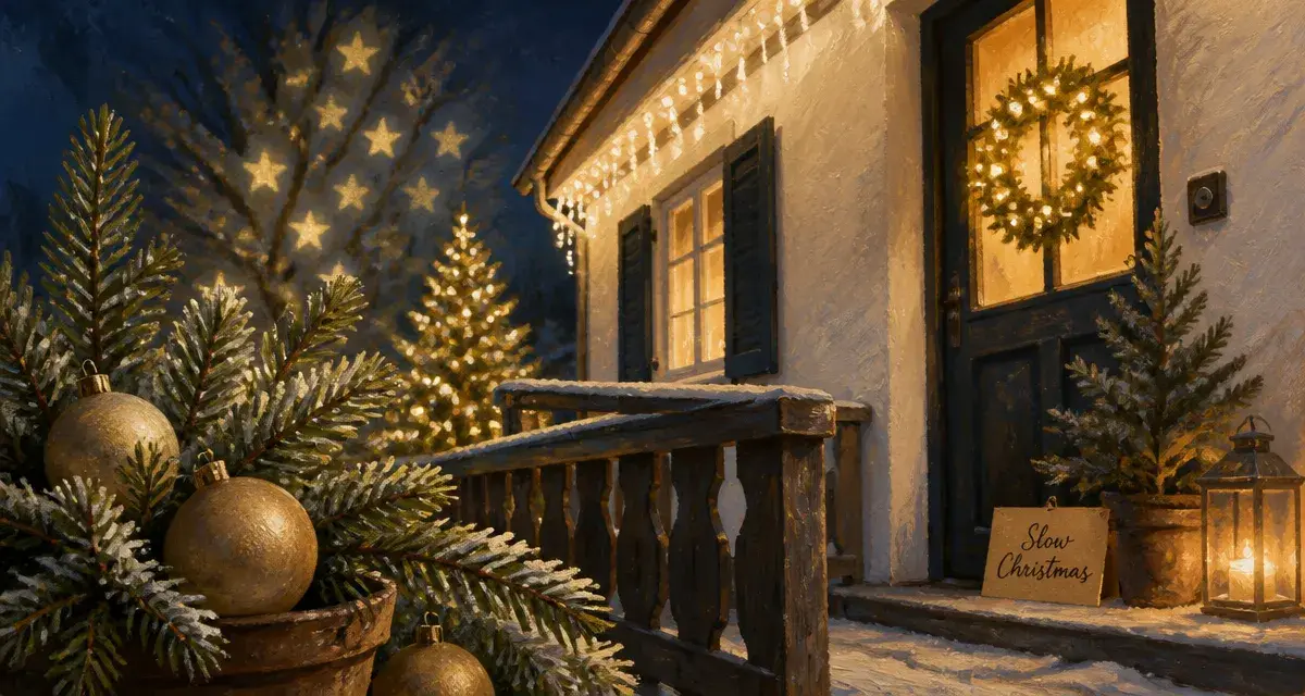 Decoration noel exterieur : guirlandes et couronne LED sur maison au crepuscule, jardin securise