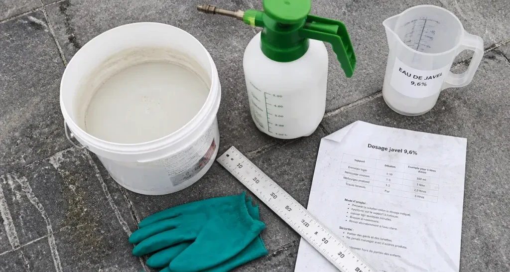 Dilution javel 9,6% pour nettoyage terrasse : dosage et application