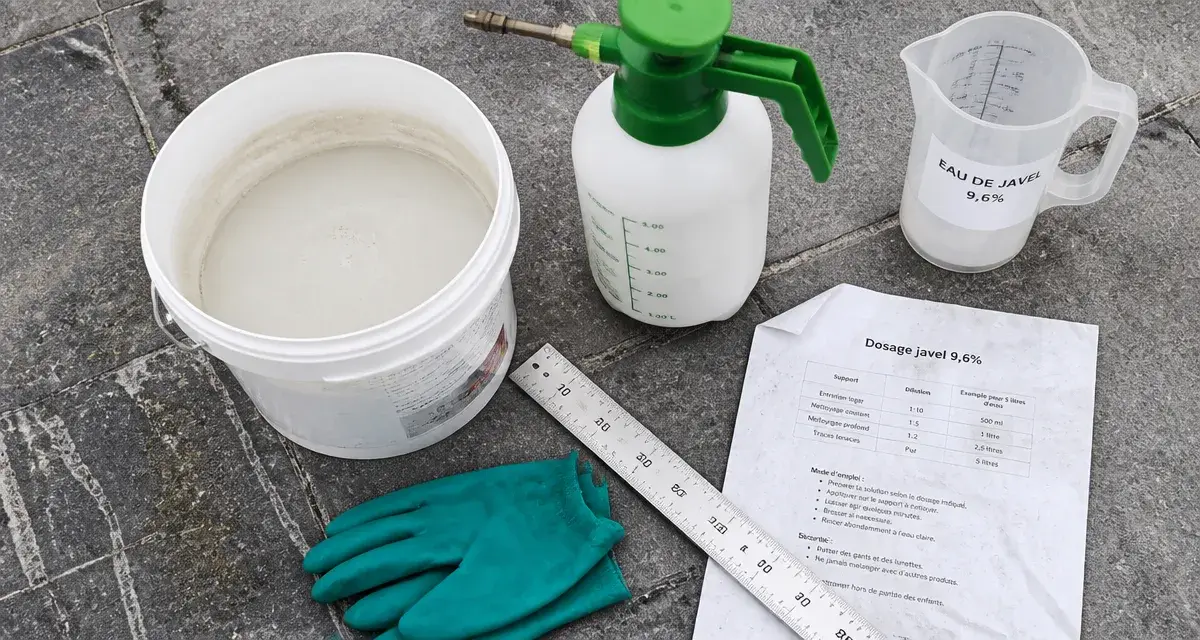 Dilution javel 9,6% pour nettoyage terrasse : dosage et application