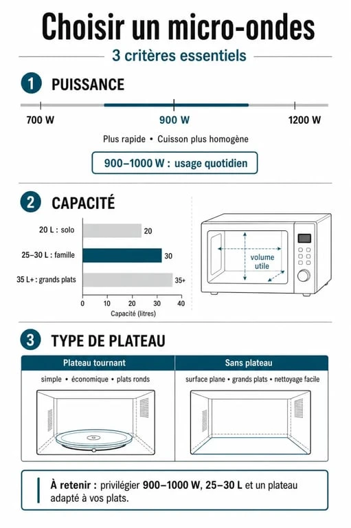 Infographie comparative des critères de choix pour un micro-ondes : puissance, capacité et dimensions
