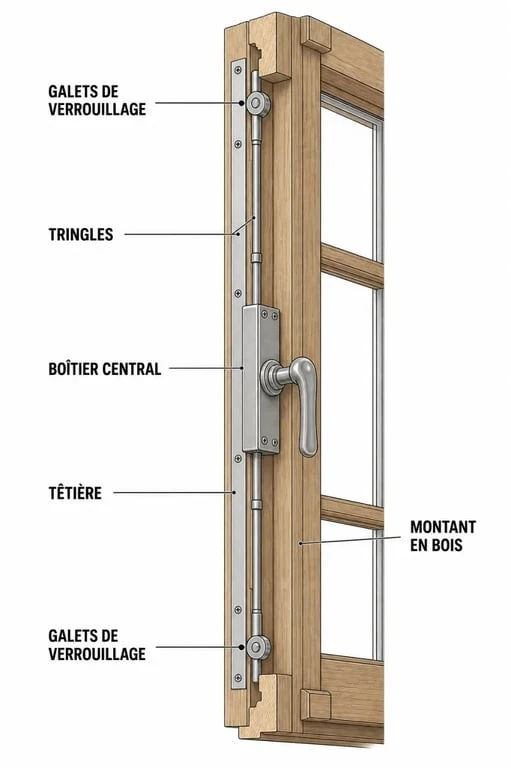 Schéma explicatif des composants d'un mécanisme de crémone pour fenêtre en bois