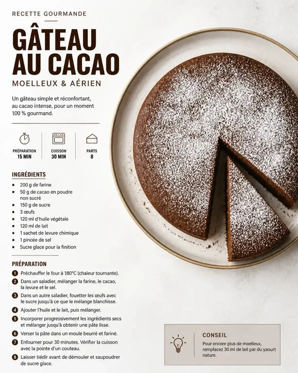 Gâteau au cacao moelleux et aérien, recette simple et rapide