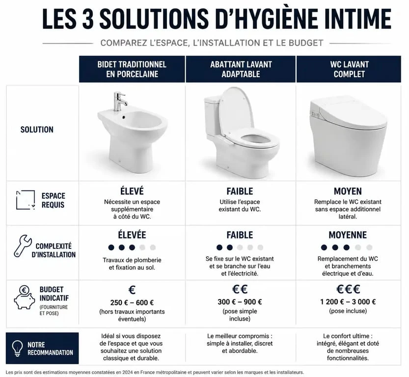 Comparatif des solutions d'hygiène : bidet traditionnel vs WC lavant et abattant bidet