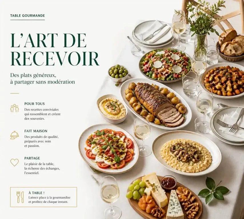 Table de banquet dressée pour un repas pour 30 personnes avec des plats variés