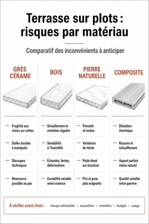 Tableau comparatif des inconvénients et risques par matériau pour une terrasse sur plots