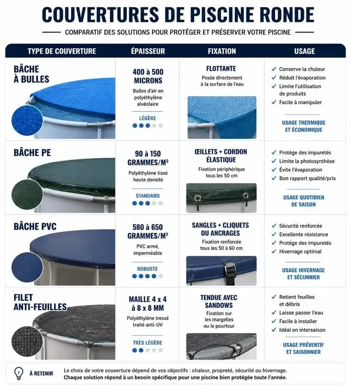 Tableau comparatif des types de couverture piscine ronde : bâche à bulles, hivernage et sécurité