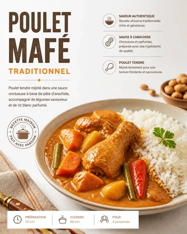 Plat de Poulet Mafé traditionnel riche en saveurs, une recette savoureuse à base de poulet et pâte d'arachide.