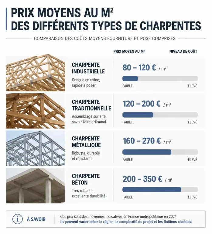 Tableau comparatif des prix au m2 pour différents types de charpente : industrielle, traditionnelle, métallique et béton.