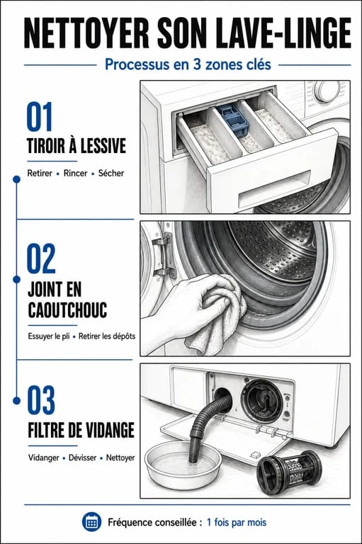 Infographie des étapes d'entretien du lave-linge pour éliminer les mauvaises odeurs