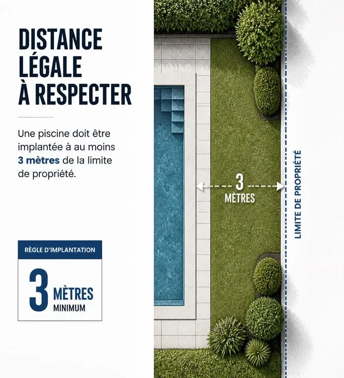 Schéma illustrant la règle des 3 mètres pour l'installation d'une piscine de moins de 10m2 par rapport à la limite du voisin