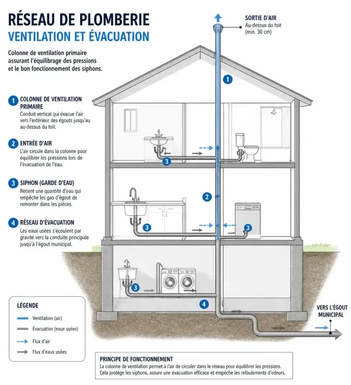Schéma explicatif du fonctionnement d'un évent de plomberie dans une maison