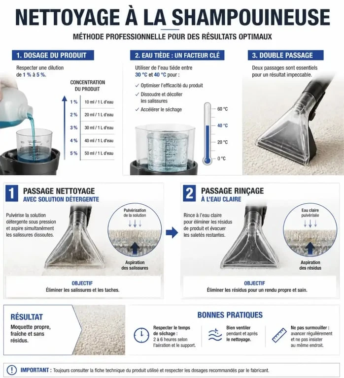 Infographie sur le dosage et la méthode d'utilisation d'un produit pour shampouineuse