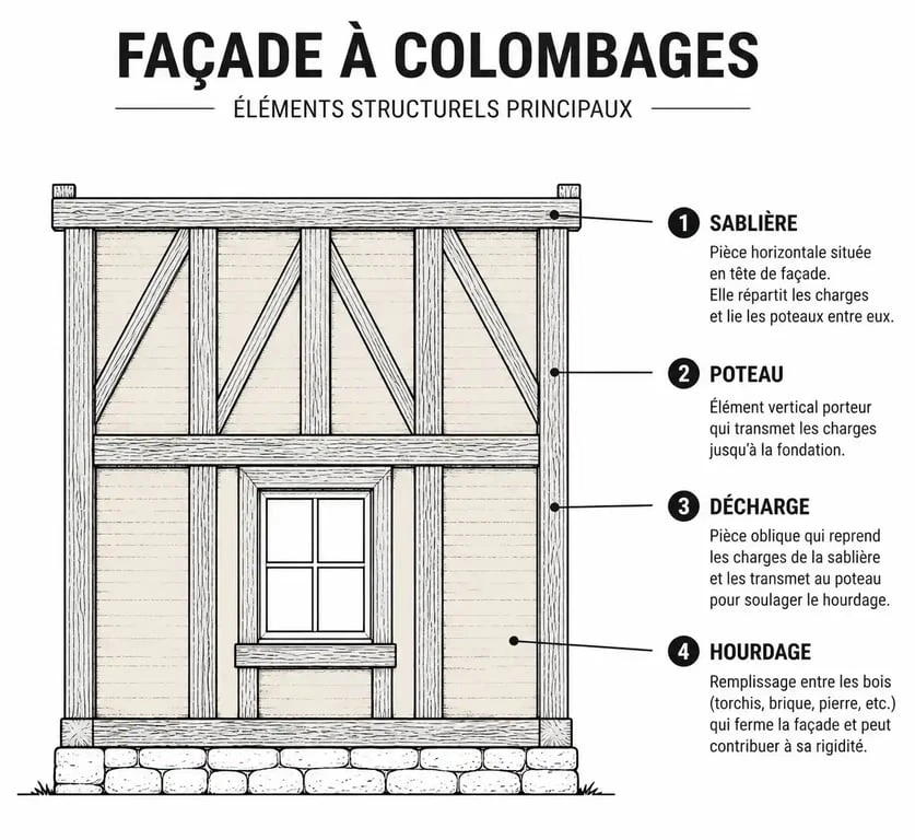 Schéma technique de l'anatomie d'une maison à colombages avec ses éléments structurels