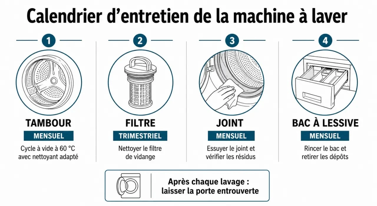 Infographie sur l'entretien et le nettoyage d'une machine à laver qui sent mauvais