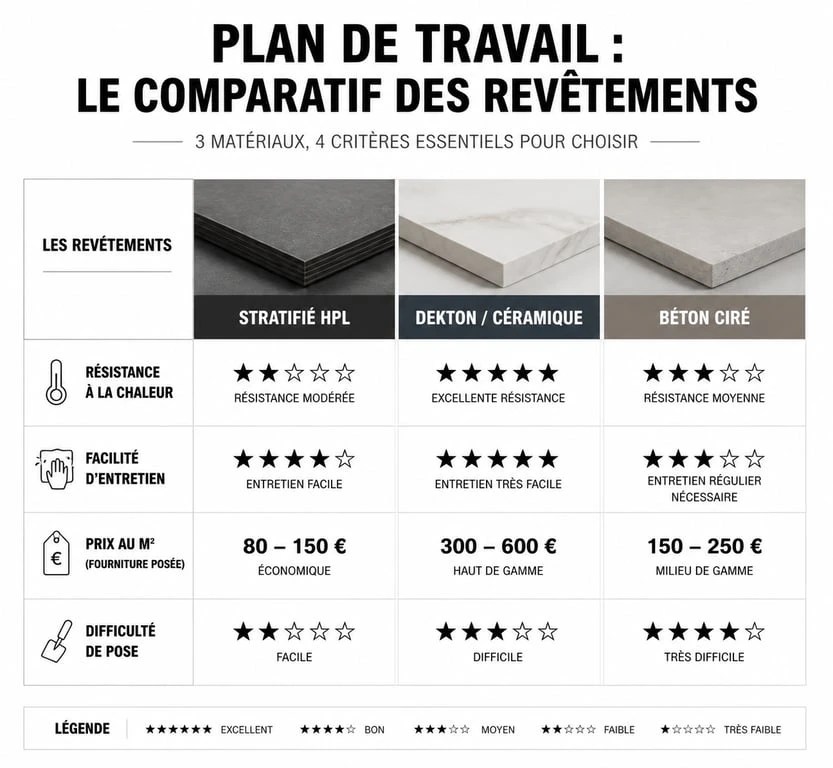 Tableau comparatif des revêtements de plan de travail cuisine : stratifié, Dekton et béton ciré pour choisir le meilleur matériau.