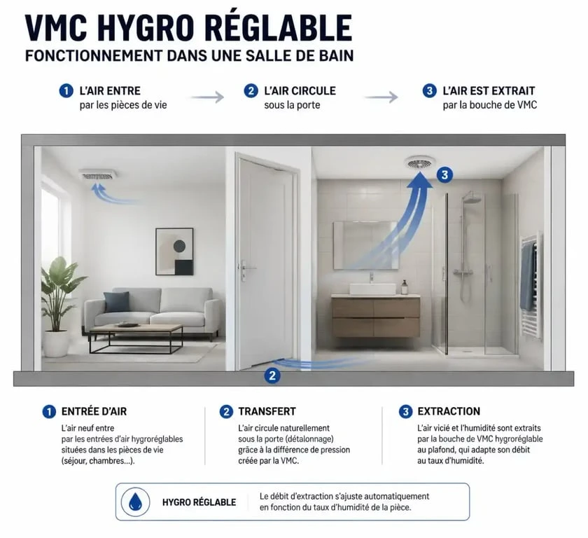 Schéma de fonctionnement d'une VMC dans une salle de bain pour une ventilation efficace