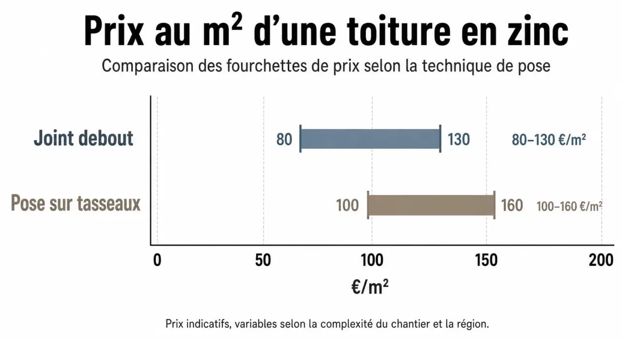 Infographie comparative du prix au m² d'une toiture en zinc selon la technique de pose