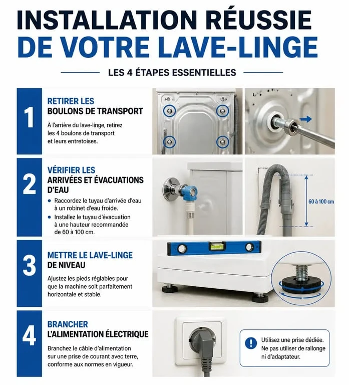 Infographie des étapes clés pour installer une machine à laver en toute sécurité