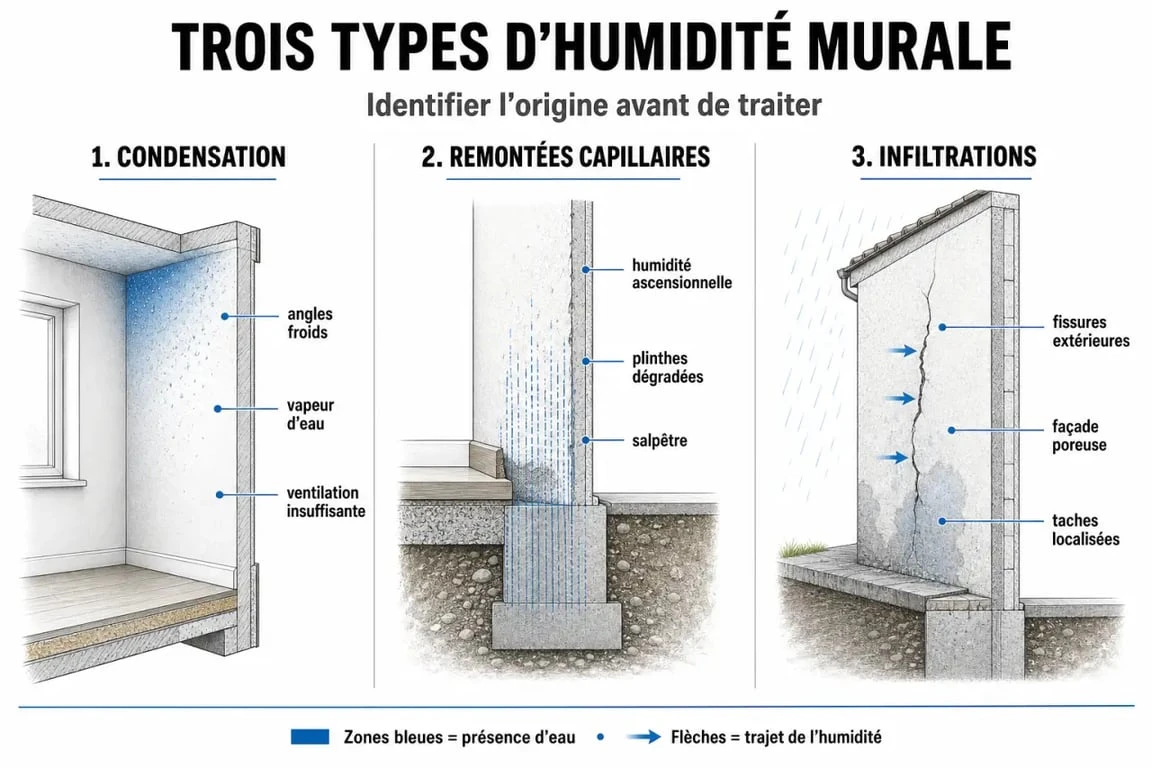 Schéma explicatif des causes de l'humidité sur un mur : condensation, remontées capillaires et infiltrations pour savoir comment enlever l'humidité sur un mur.