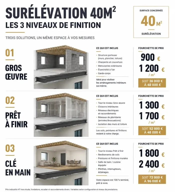Infographie des prix pour une surélévation de maison de 40m2 selon le niveau de finition