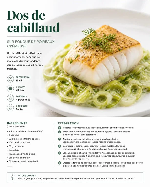 Dos de cabillaud nacré servi avec une fondue de poireaux, un accompagnement idéal pour le cabillaud.