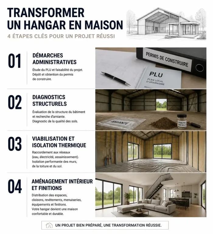 Infographie des étapes de transformation d'un hangar aménagé en maison