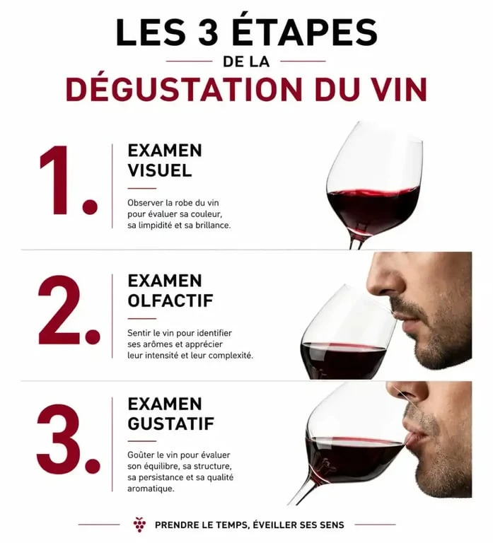 Infographie des trois étapes pour apprendre à déguster le vin : examen visuel, olfactif et gustatif.