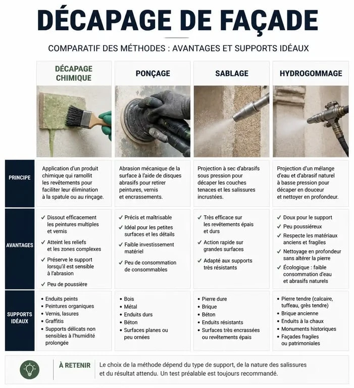 Infographie comparative des méthodes pour décaper une façade : chimique, mécanique, sablage et hydrogommage.