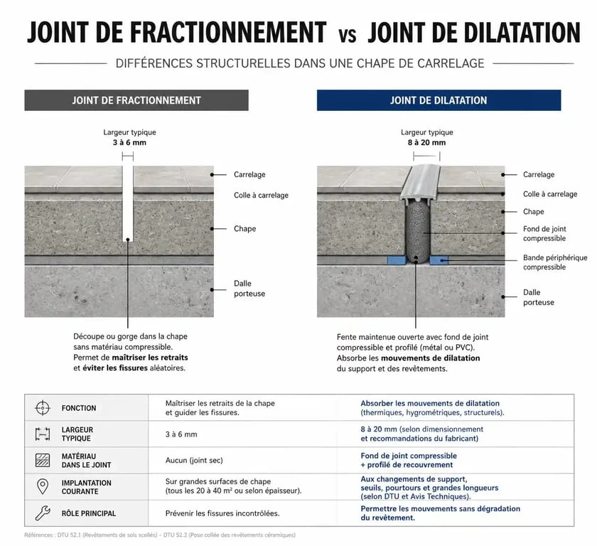 Schéma technique comparant le joint de fractionnement et le joint de dilatation pour carrelage