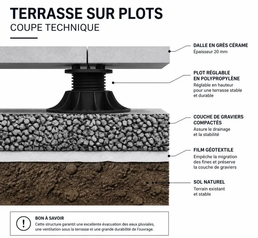 Schéma technique de pose de carrelage sur plots pour terrasse extérieure