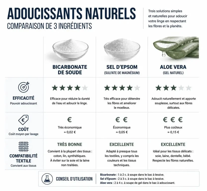 Tableau comparatif des alternatives naturelles à l'assouplissant maison sans vinaigre : bicarbonate, sel d'Epsom et aloe vera.