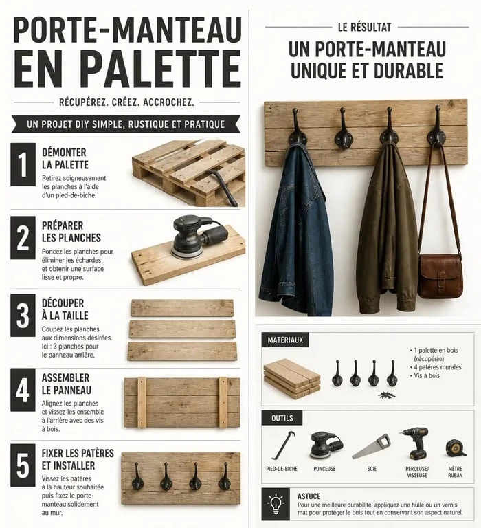 Guide illustré étape par étape pour fabriquer un porte-manteau en palettes recyclées