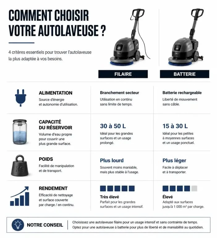 Infographie comparative des critères de choix pour la meilleure autolaveuse pour particulier : filaire vs batterie, poids et capacité.