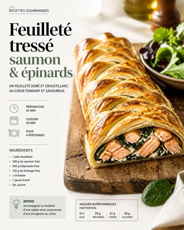 Recette de feuilleté salé tressé au saumon et épinards, croustillant et doré